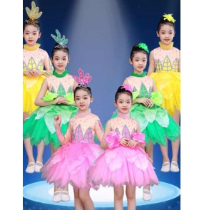 Children's jazz dance dresses pink green yellow lotus petals performance princess dresses tutu skirts, fluffy Jasmine Blossom Performance outfits for Children